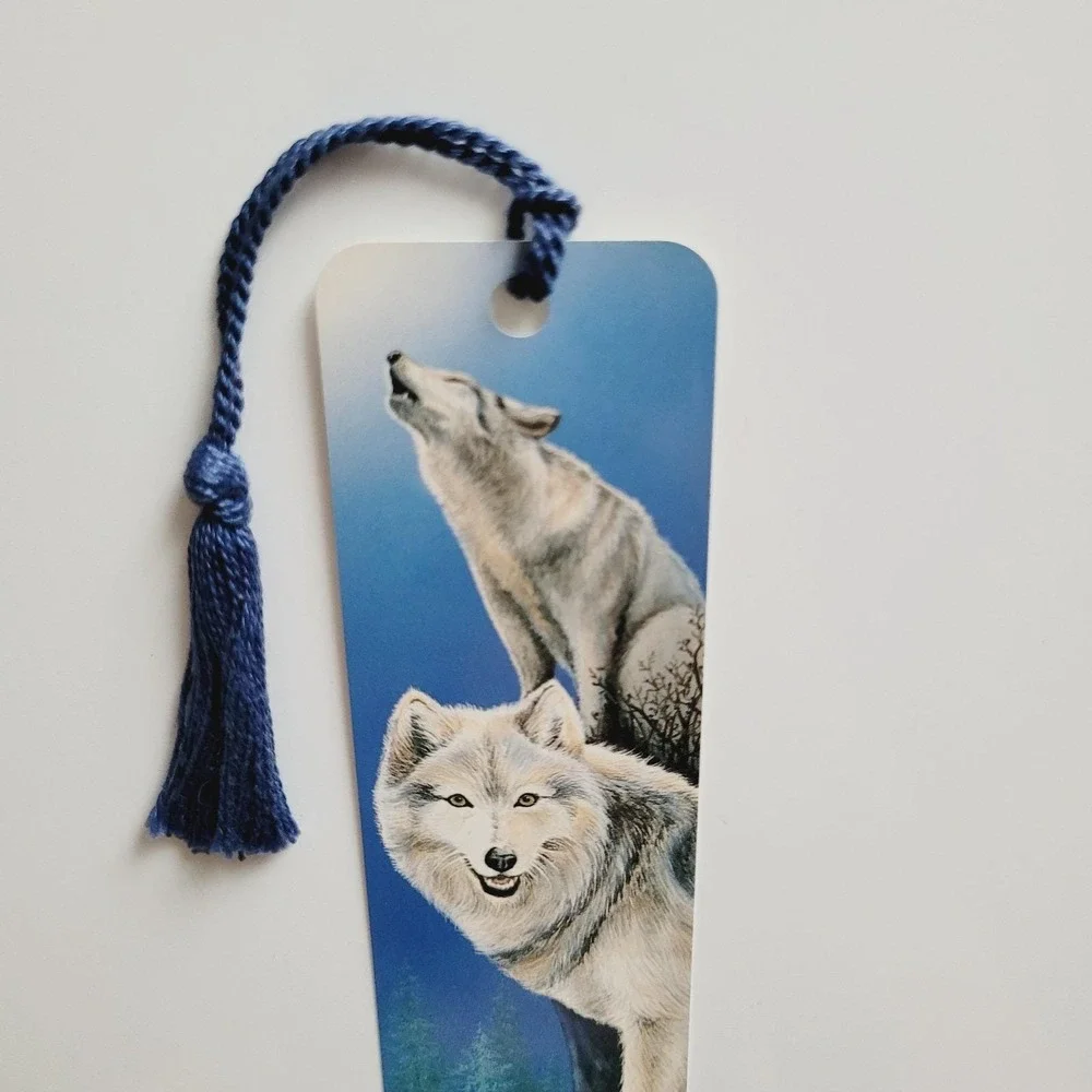 Vintage 90s Wild & Free Tassel Bookmark Gray Wolf dog howling 1995 Artworks WA01